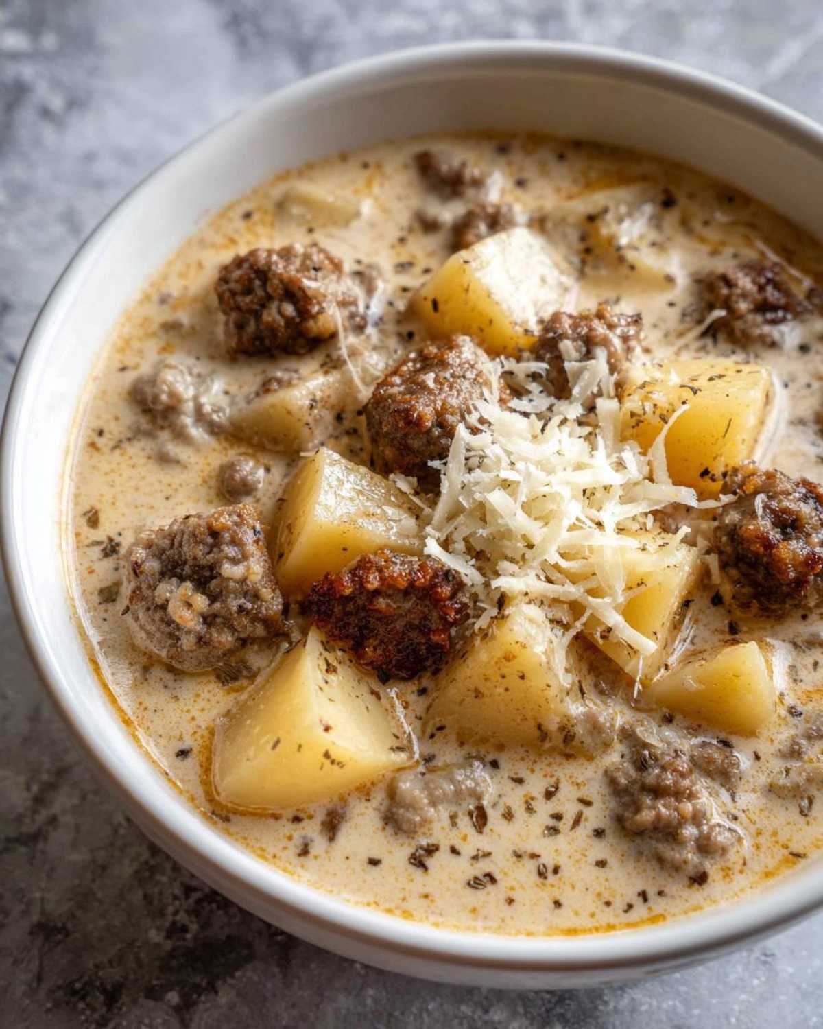 Close-up of a creamy sausage potato soup bowl, topped with shredded cheese and herbs.