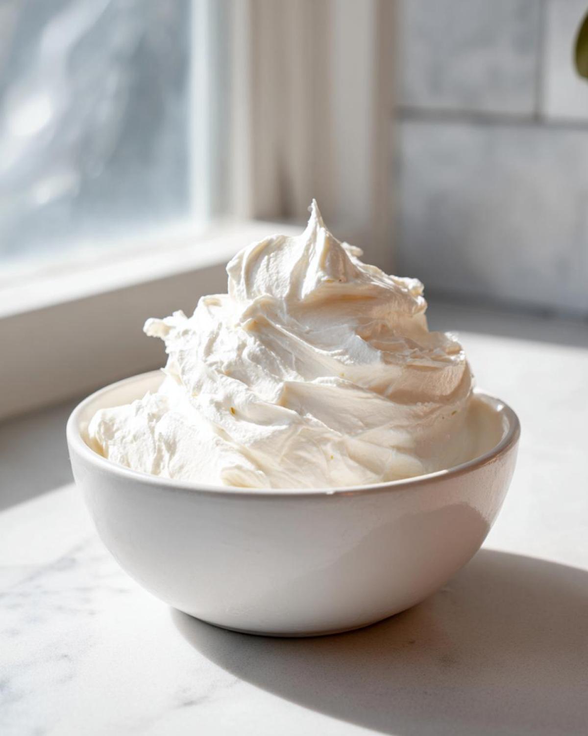 A white bowl filled with fluffy, whipped fruit dip, highlighted by bright natural light.
