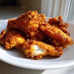 Close-up of golden brown, seasoned crispy baked chicken wings piled on a white plate, one wing is broken open showing white meat.