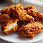 A close-up of golden brown, crispy baked chicken wings piled on a white plate, showing the juicy interior of one wing.
