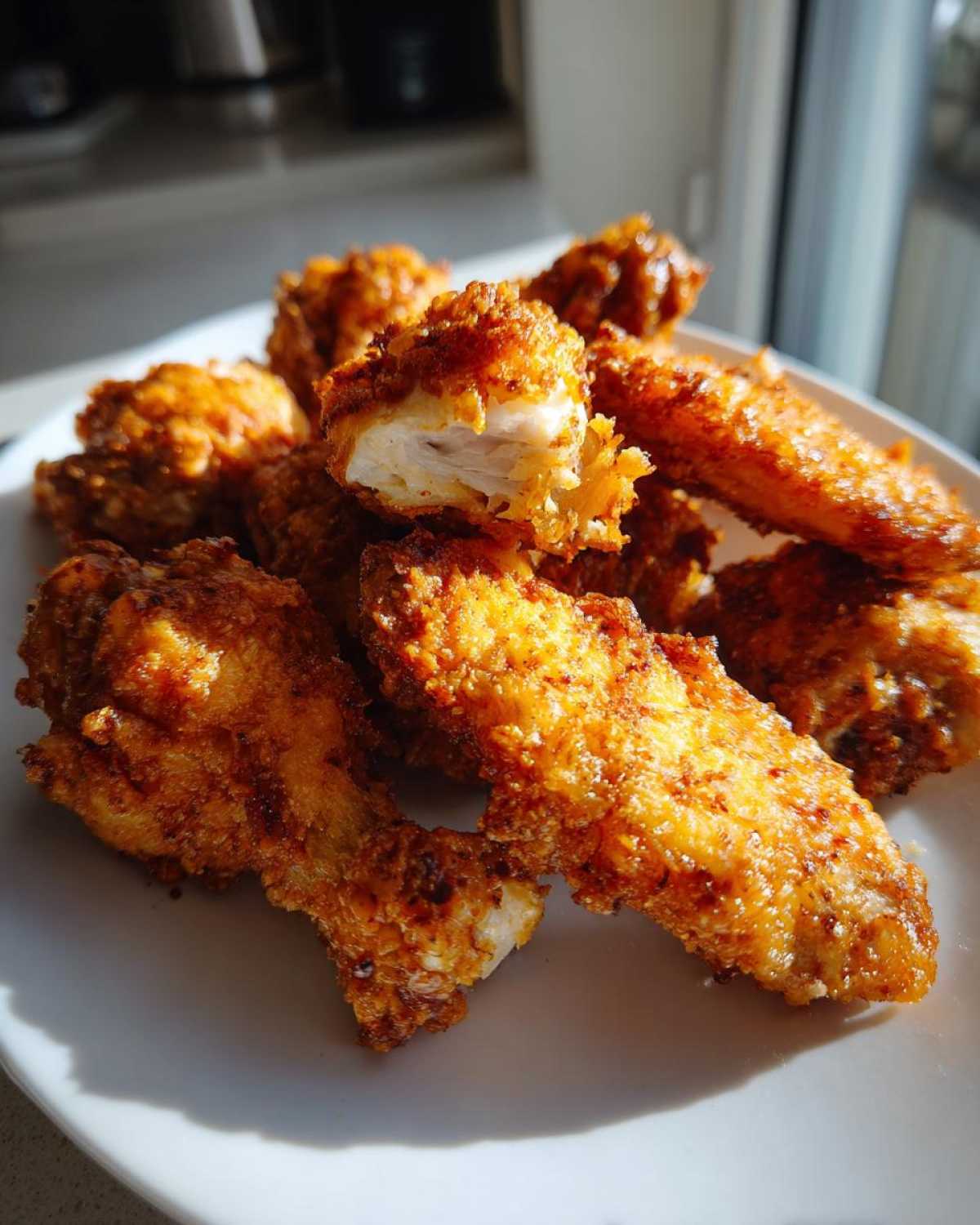 A close-up of golden brown, perfectly cooked crispy baked chicken wings piled on a white plate, one piece is broken open showing juicy white meat.