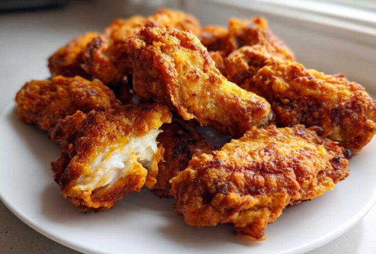 A close-up of golden brown, crispy baked chicken wings piled on a white plate, showing the juicy interior of one wing.