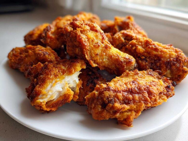A close-up of golden brown, crispy baked chicken wings piled on a white plate, showing the juicy interior of one wing.