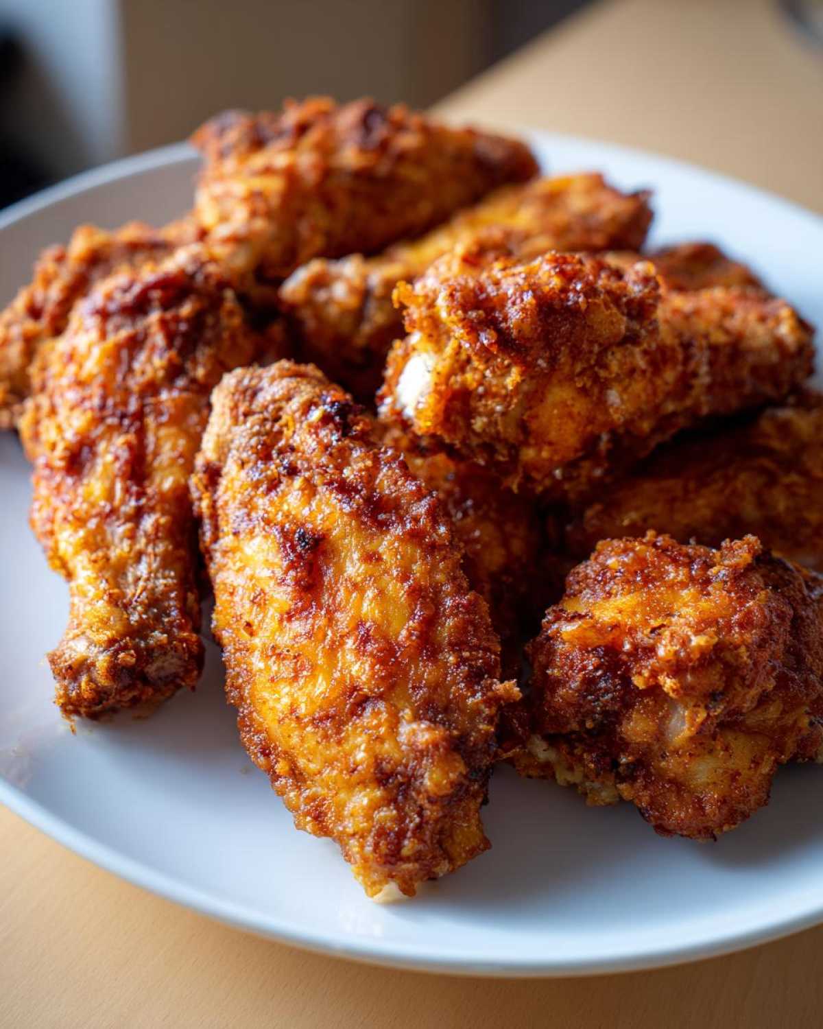 A close-up of a pile of golden-brown, crispy baked chicken wings served on a white plate.