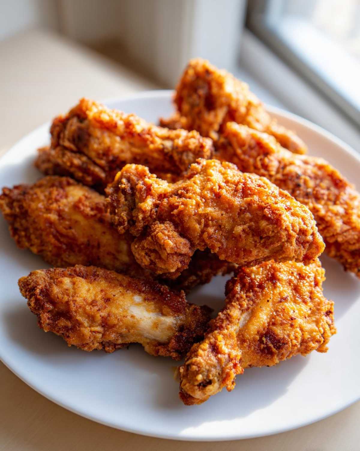 A close-up of several golden brown, crispy baked chicken wings piled on a white plate.