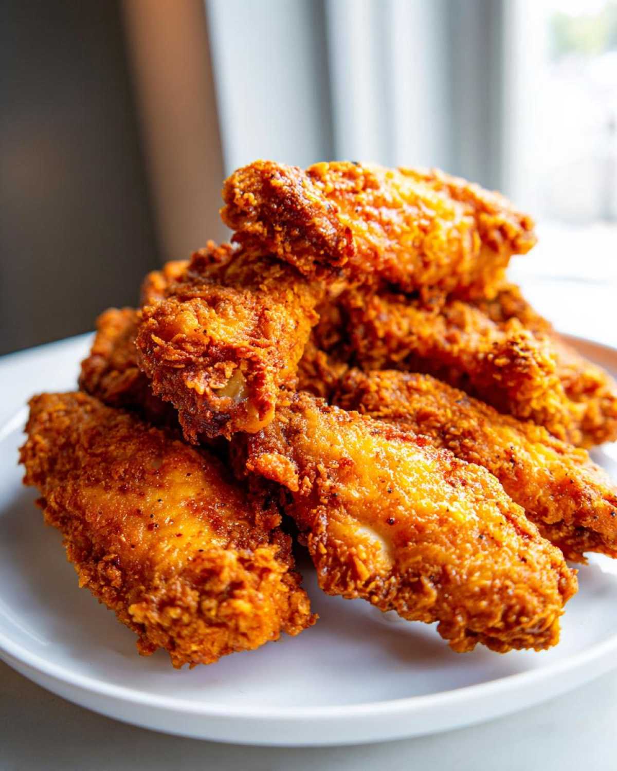 A close-up of a pile of golden brown, extra crispy baked chicken wings served on a white plate.