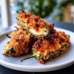 Close-up of golden-brown, breaded and baked jalapeño poppers filled with creamy cheese.