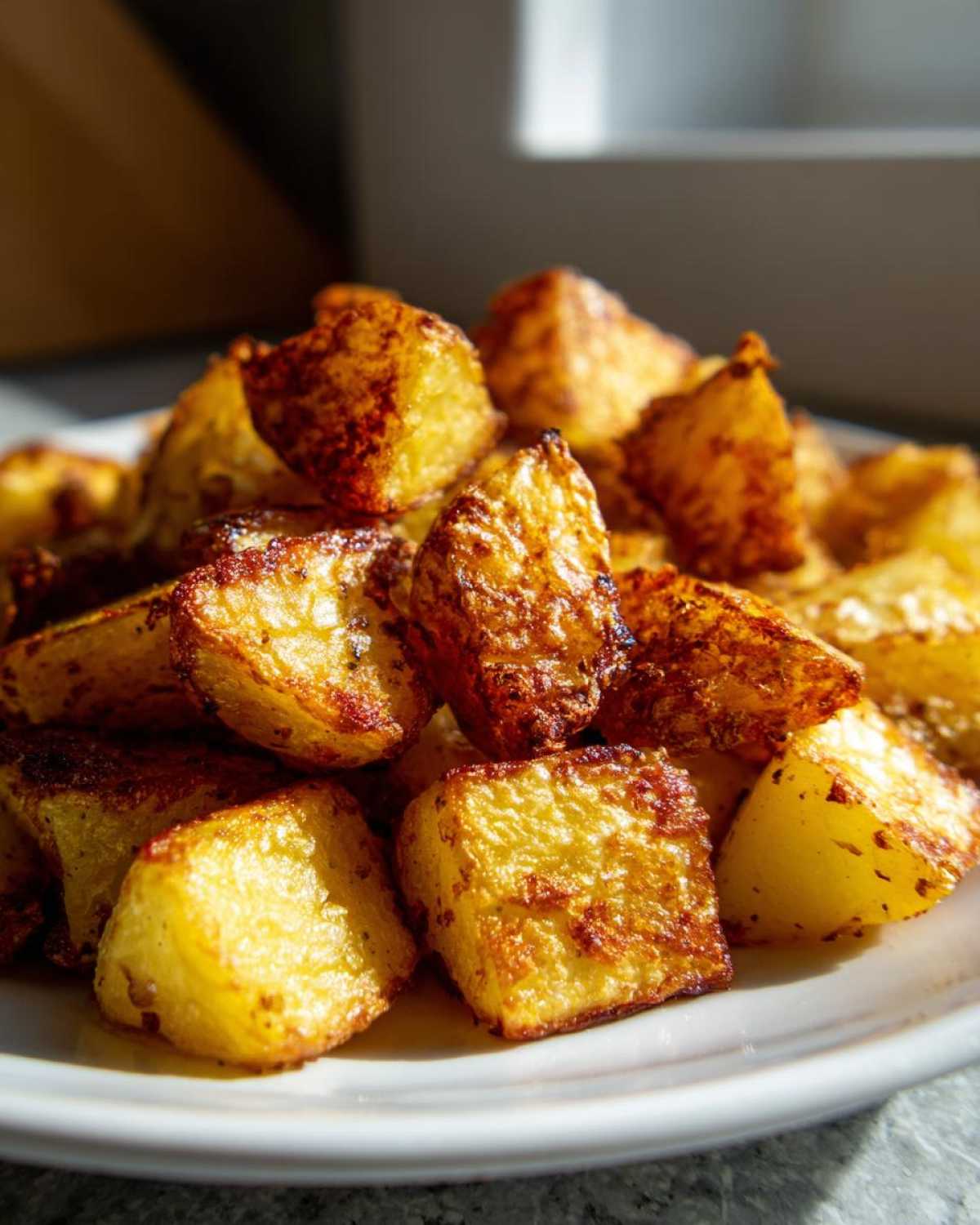 Close-up of golden brown, crispy breakfast potatoes piled high on a white plate.