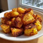Close-up of perfectly crispy, golden brown breakfast potatoes piled high on a white plate near a window.