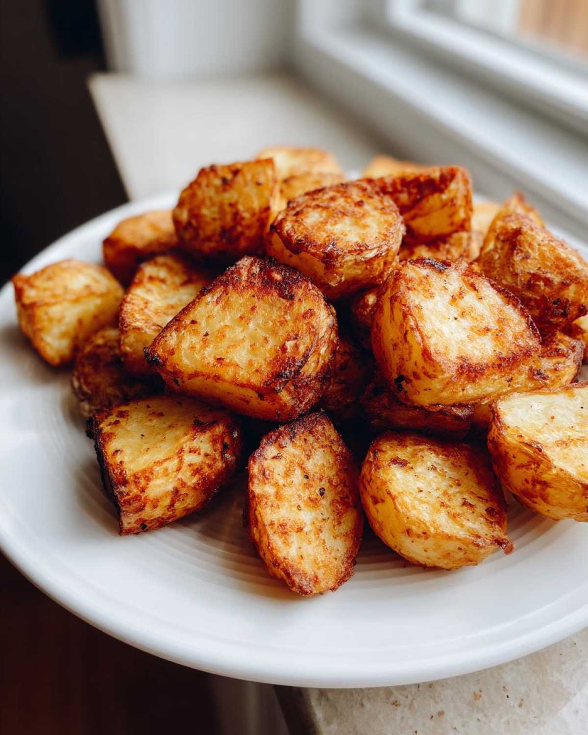 A close-up of golden brown, crispy breakfast potatoes piled high on a white plate near a window.