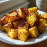 A pile of golden, crispy breakfast potatoes seasoned with herbs, served on a white plate near a window.