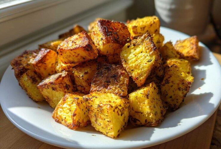 A pile of golden, crispy breakfast potatoes seasoned with herbs, served on a white plate near a window.