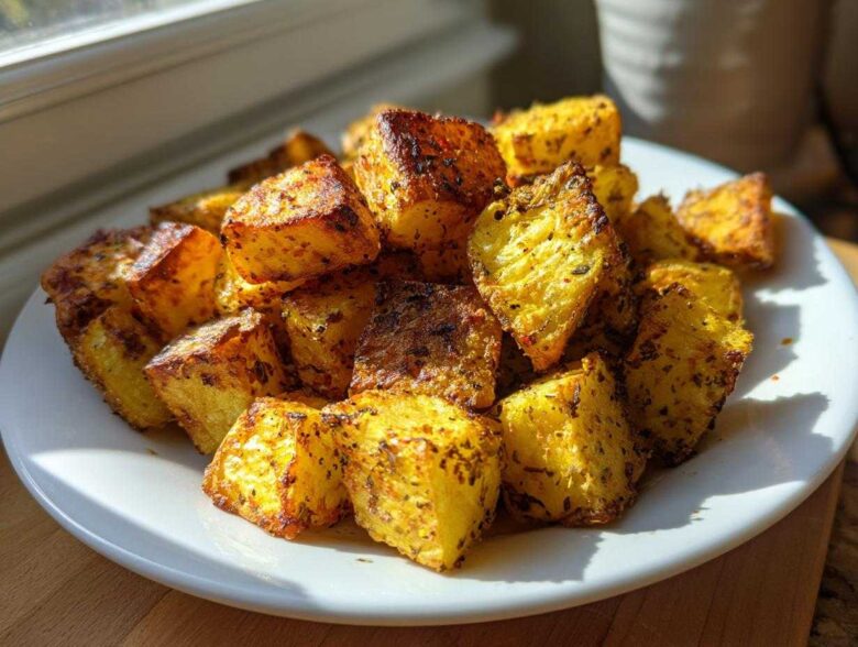 A pile of golden, crispy breakfast potatoes seasoned with herbs, served on a white plate near a window.