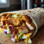 Close-up of a fully loaded chicken bacon ranch wrap showing crispy chicken, bacon, lettuce, cheese, and red onion.