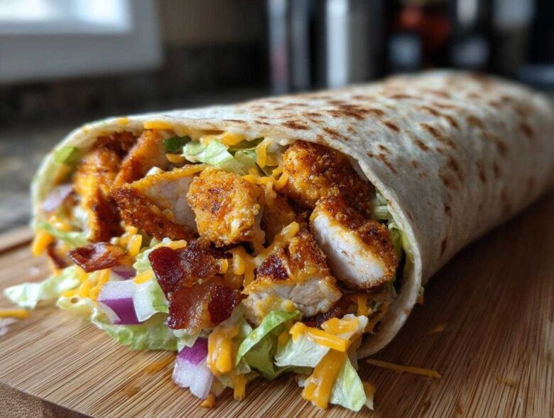 Close-up of a fully loaded chicken bacon ranch wrap showing crispy chicken, bacon, lettuce, cheese, and red onion.