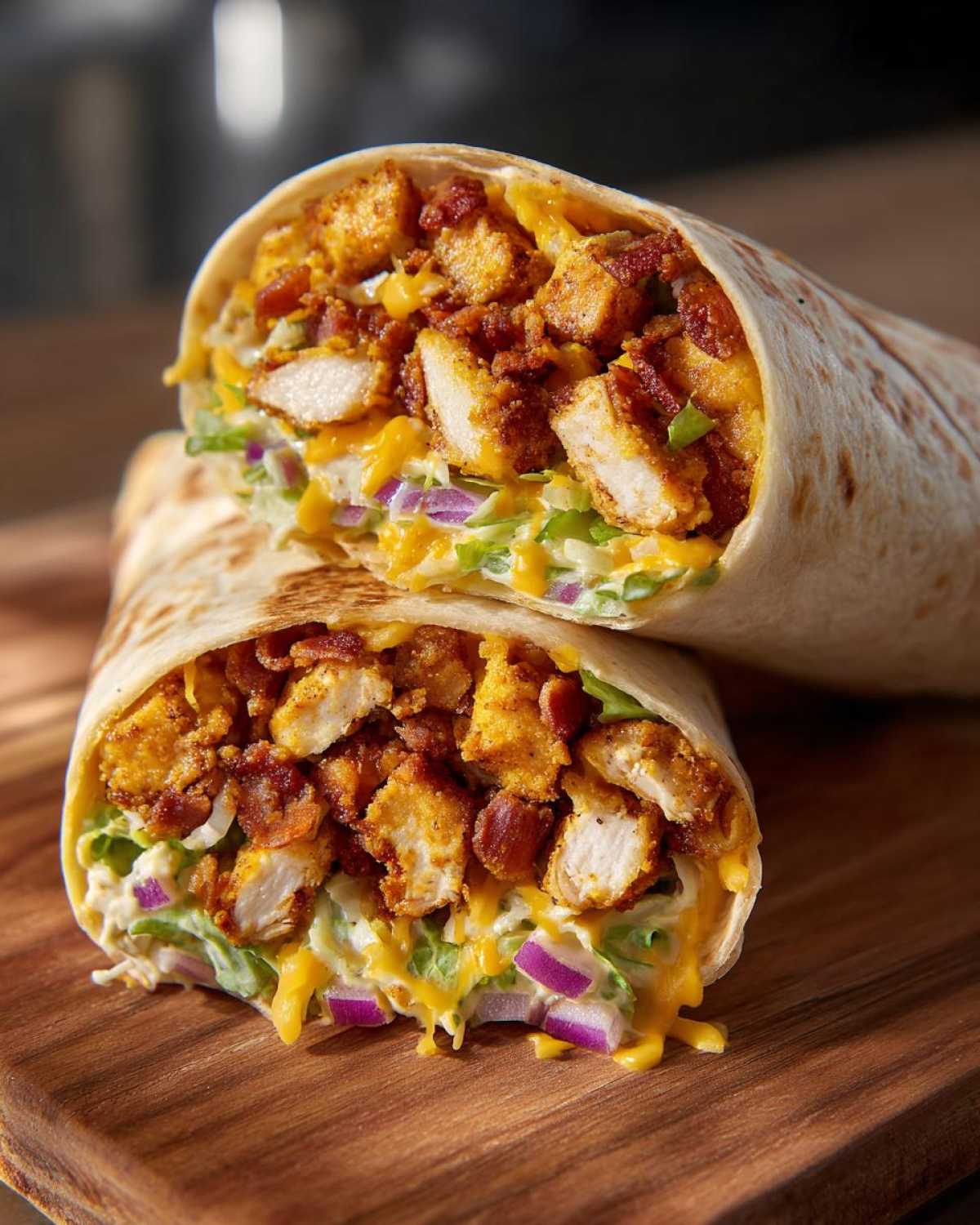 Close-up of a chicken bacon ranch wrap cut in half, showing crispy chicken, bacon, cheese, and red onion.