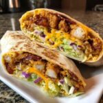 Close-up of a chicken bacon ranch wrap cut in half, showing crispy chicken, bacon, cheese, and lettuce.