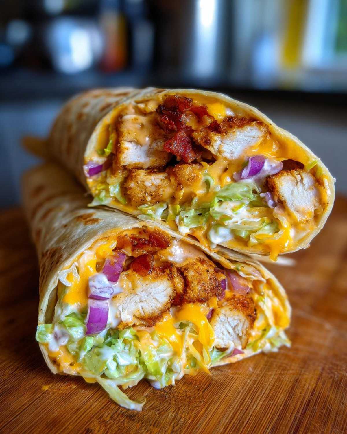 A cross-section view of a fully loaded chicken bacon ranch wrap, showing crispy chicken, bacon, lettuce, and cheese.