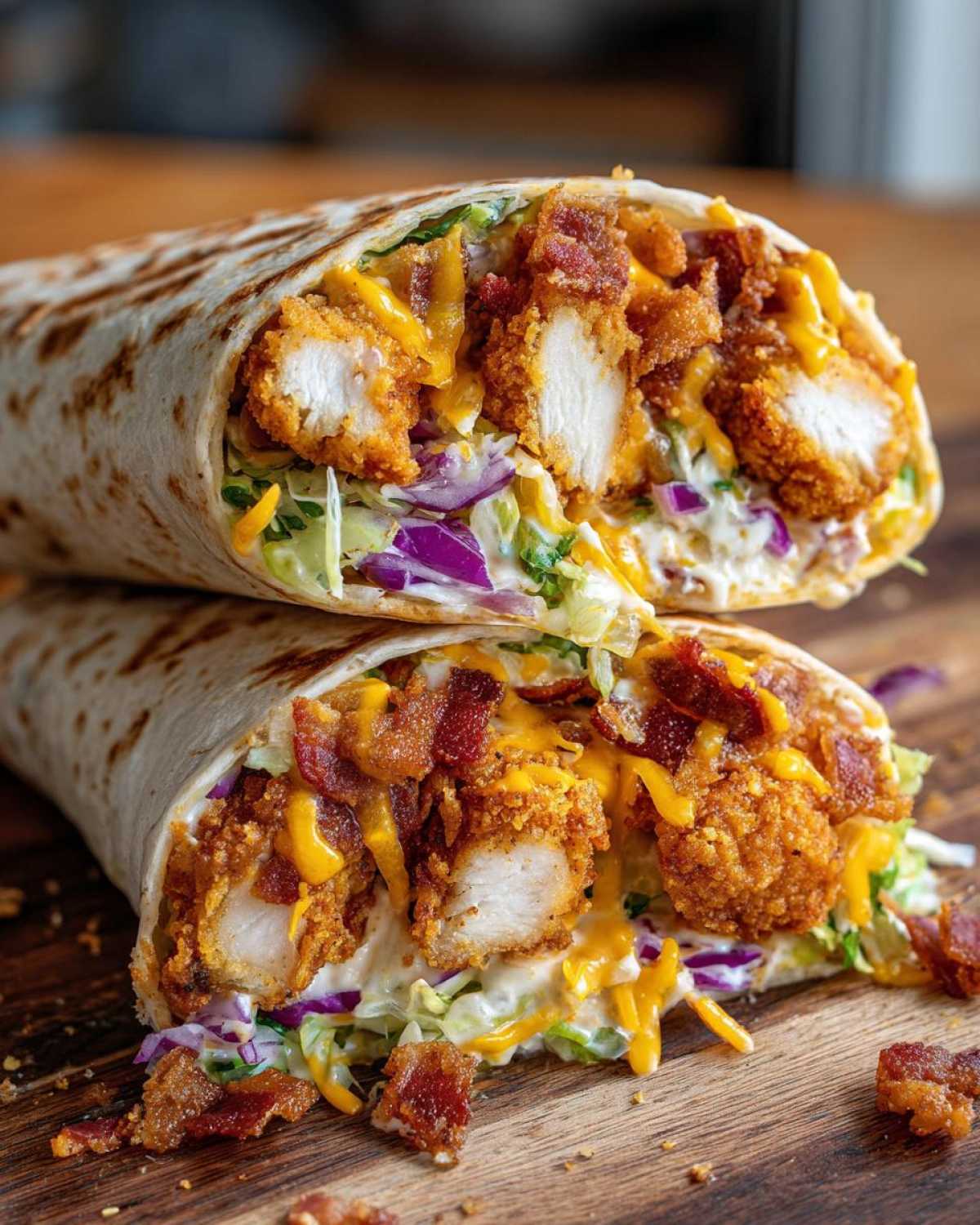 Two halves of a crispy chicken bacon ranch wrap stacked, showing crispy chicken, bacon, cheese, and slaw filling.