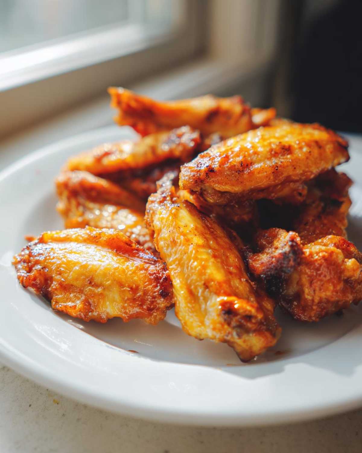Close-up of golden brown, crispy chicken wings piled on a white plate, perfect for Game Day.