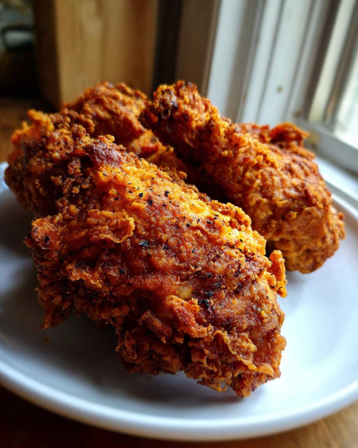 Close-up of three pieces of incredibly crispy, deep orange fried chicken resting on a white plate.