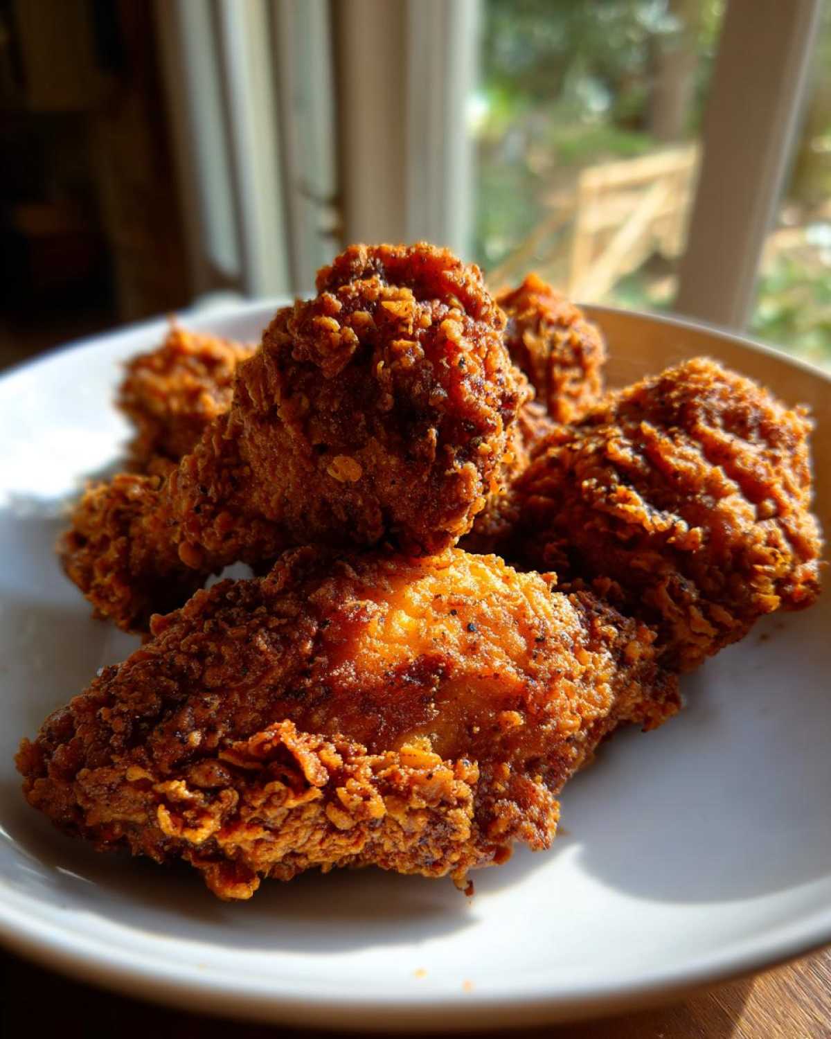 Close-up of several pieces of perfectly cooked, crispy fried chicken piled on a white plate, highlighted by sunlight.
