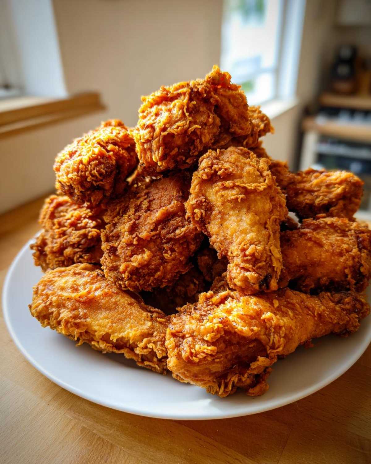 A large mound of golden brown, crispy fried chicken wings piled high on a white plate.