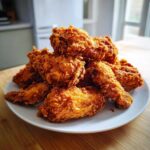 A mound of perfectly golden brown, crispy fried chicken wings piled high on a white plate.