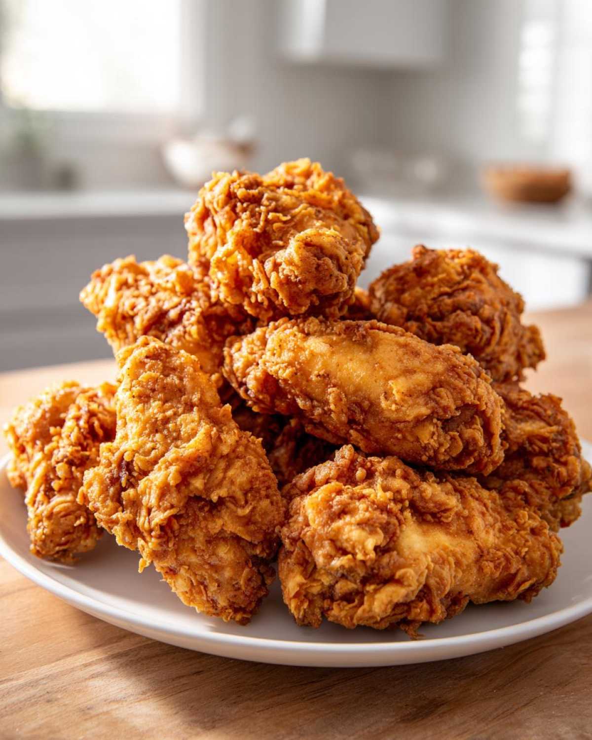 A pile of perfectly cooked, crispy fried chicken wings stacked on a white plate.