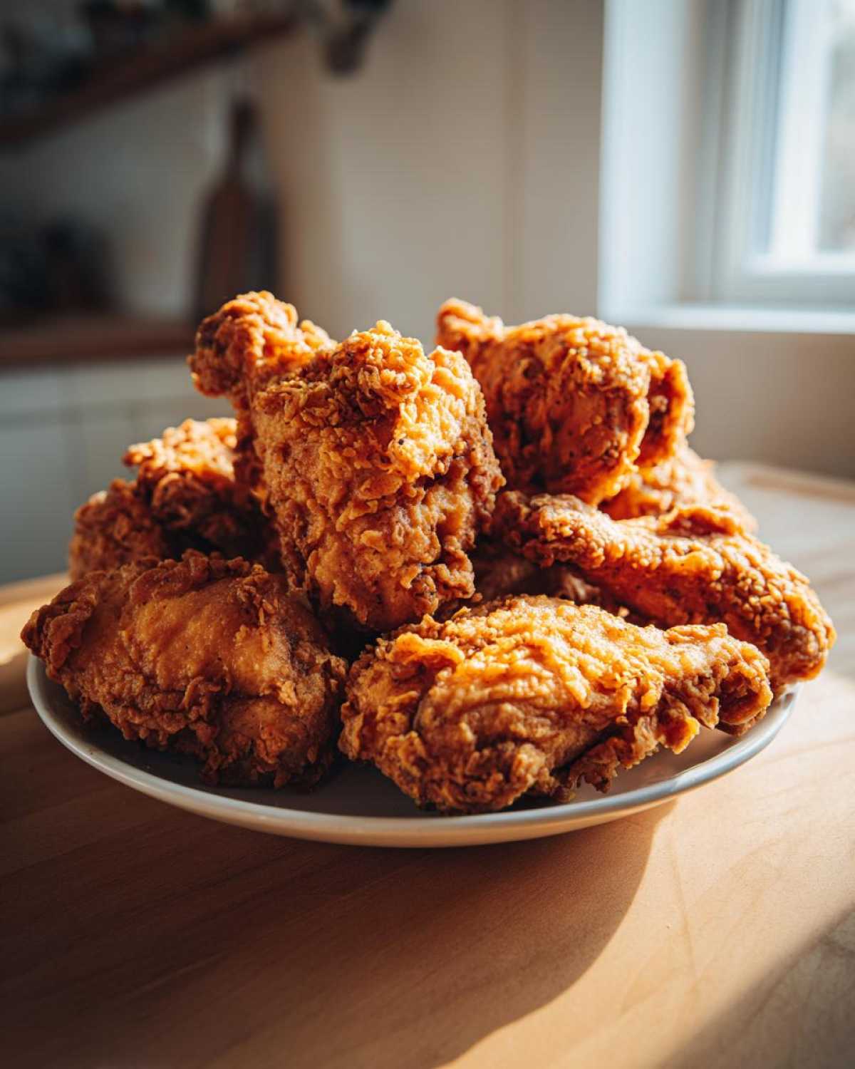 A stack of perfectly golden and crispy fried chicken wings piled high on a white plate.