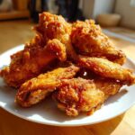 A close-up of several golden-brown, crispy fried chicken wings piled on a white plate.