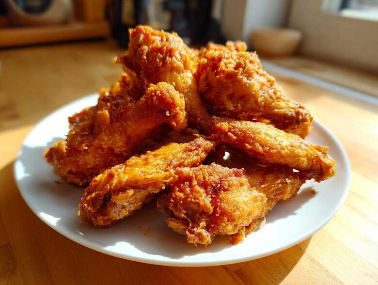 A close-up of several golden-brown, crispy fried chicken wings piled on a white plate.