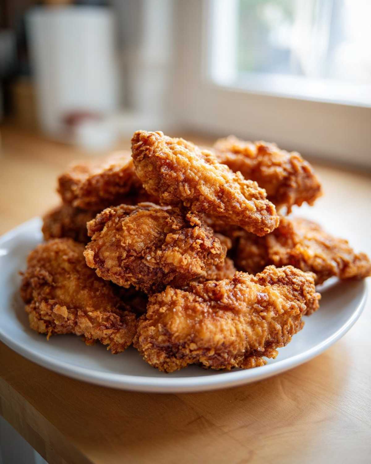 A close-up stack of perfectly golden brown and crispy fried chicken wings piled high on a white plate.