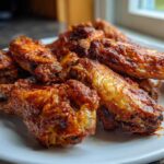 Close-up of several crispy, glazed chicken wings piled on a white plate, perfect for Game Day.