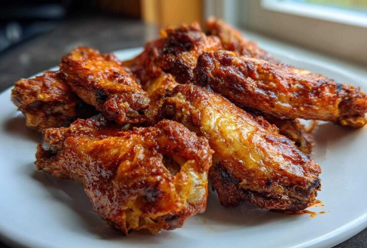 Close-up of several crispy, glazed chicken wings piled on a white plate, perfect for Game Day.