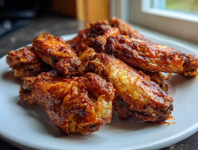 Close-up of several crispy, glazed chicken wings piled on a white plate, perfect for Game Day.
