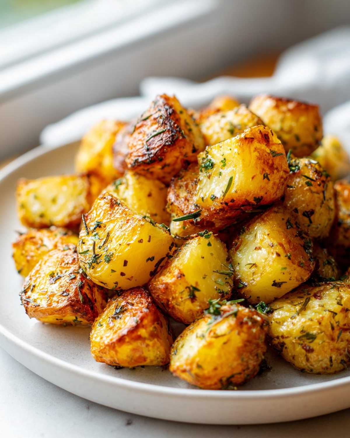 A close-up of golden, crispy oven roasted potatoes seasoned with herbs like rosemary and parsley.
