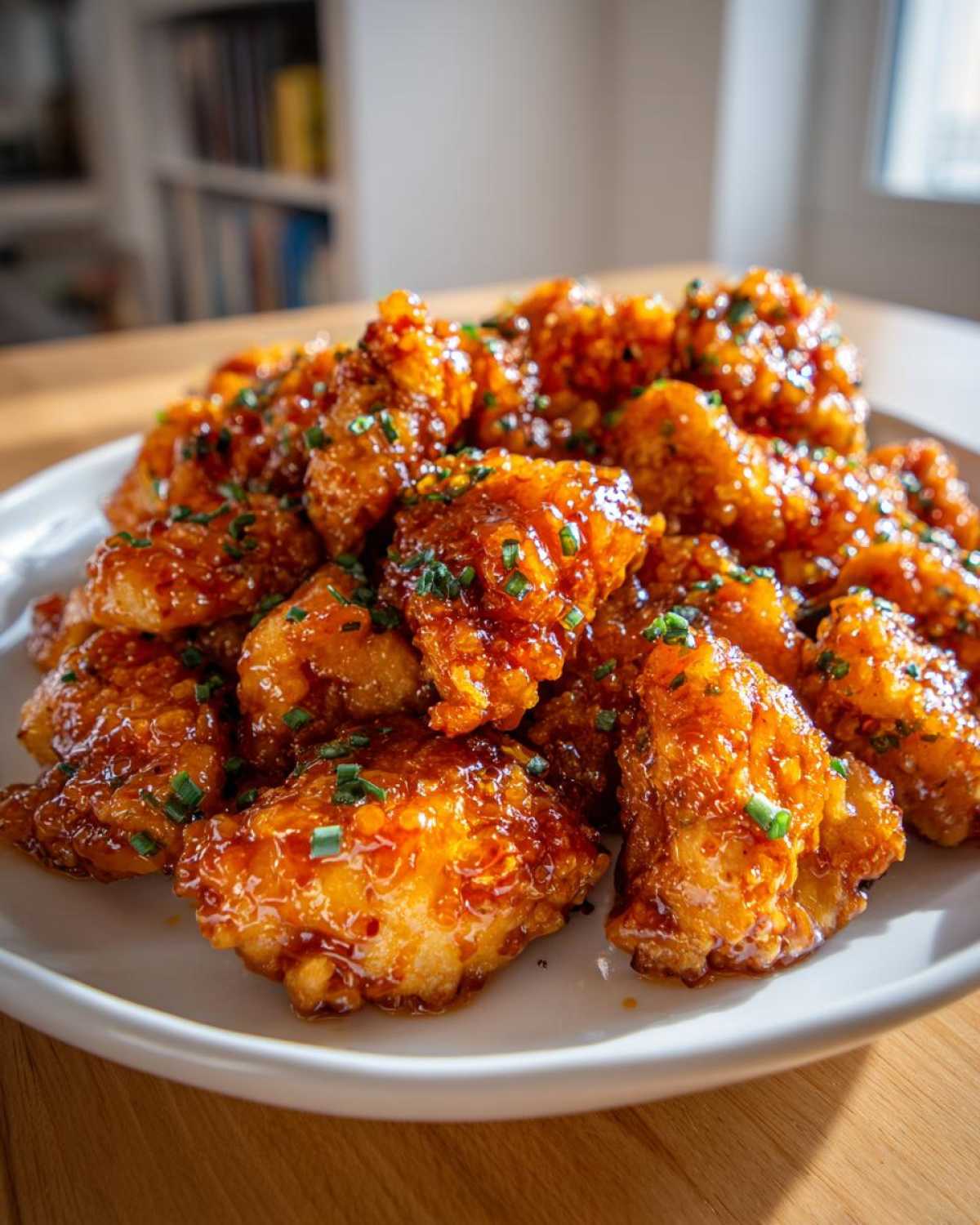 Close-up of crispy, glazed pieces of orange chicken recipe garnished with chopped green onions.