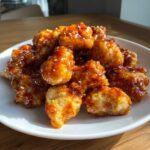 Close-up of crispy, glazed orange chicken recipe pieces sprinkled with sesame seeds on a white plate.
