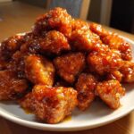 A generous pile of crispy, glazed orange chicken pieces served on a white plate.