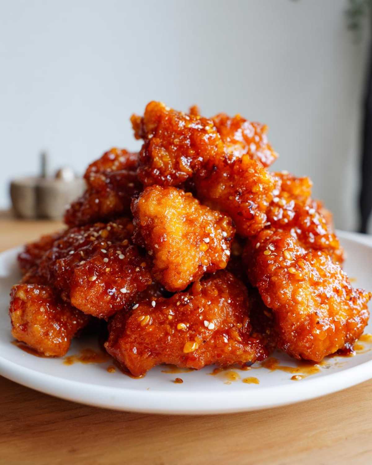 A pile of crispy, glazed pieces from an orange chicken recipe, sprinkled with sesame seeds on a white plate.