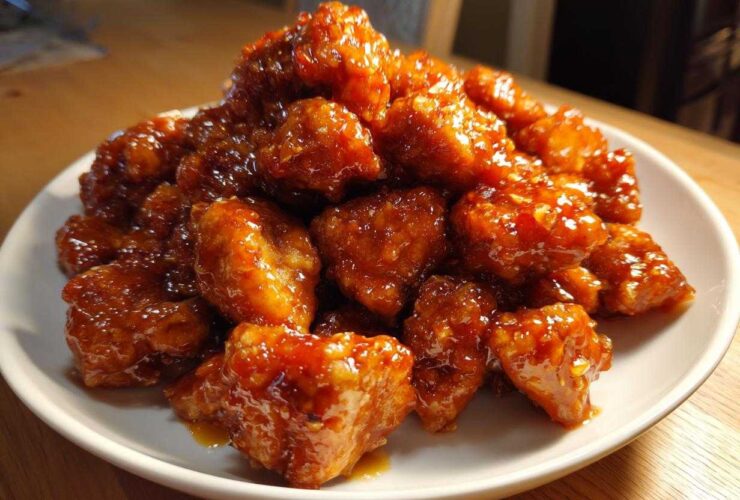 A generous pile of crispy, glazed orange chicken pieces served on a white plate.