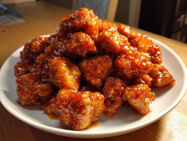 A generous pile of crispy, glazed orange chicken pieces served on a white plate.