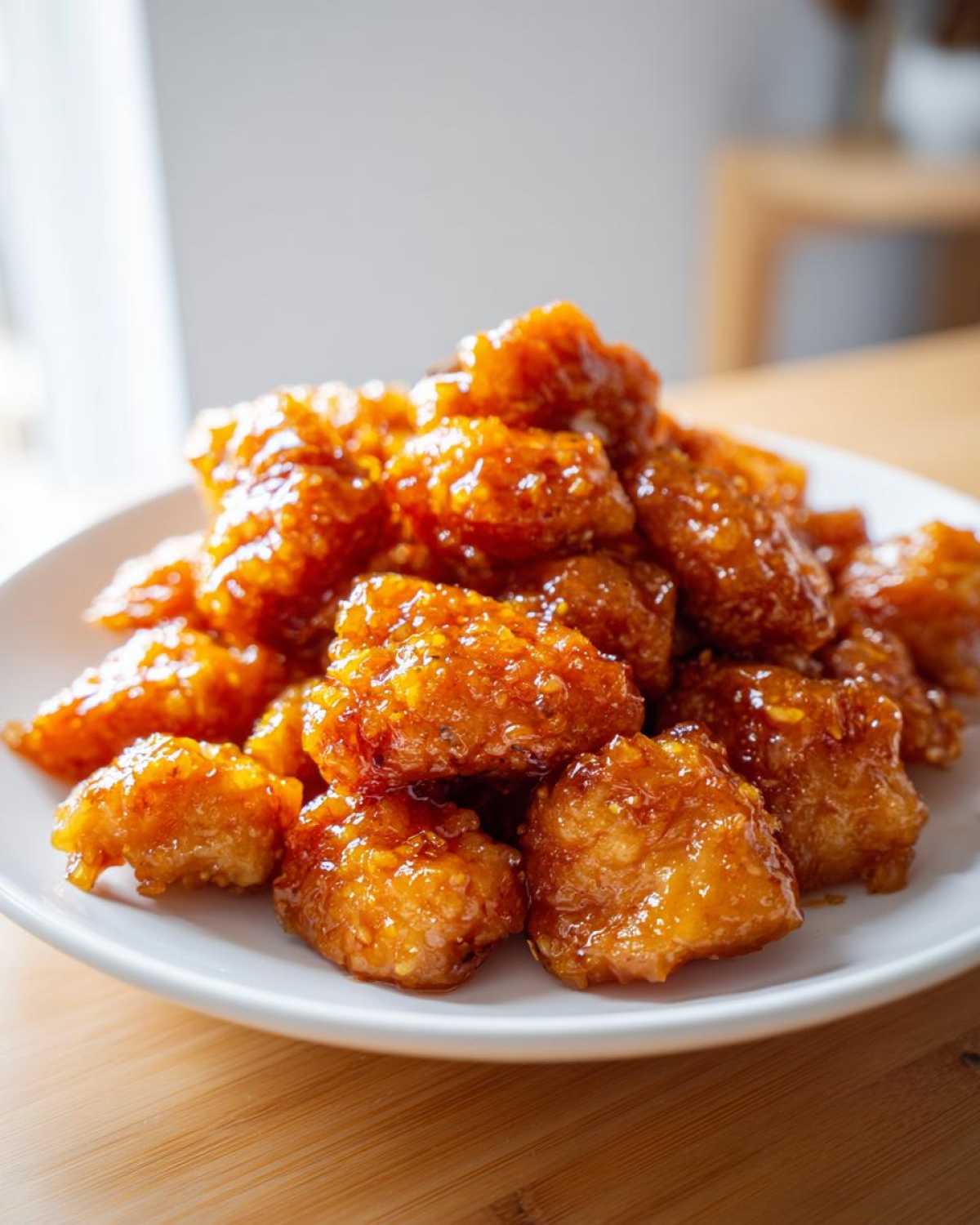 A close-up of crispy, glazed pieces of orange chicken piled high on a white plate.