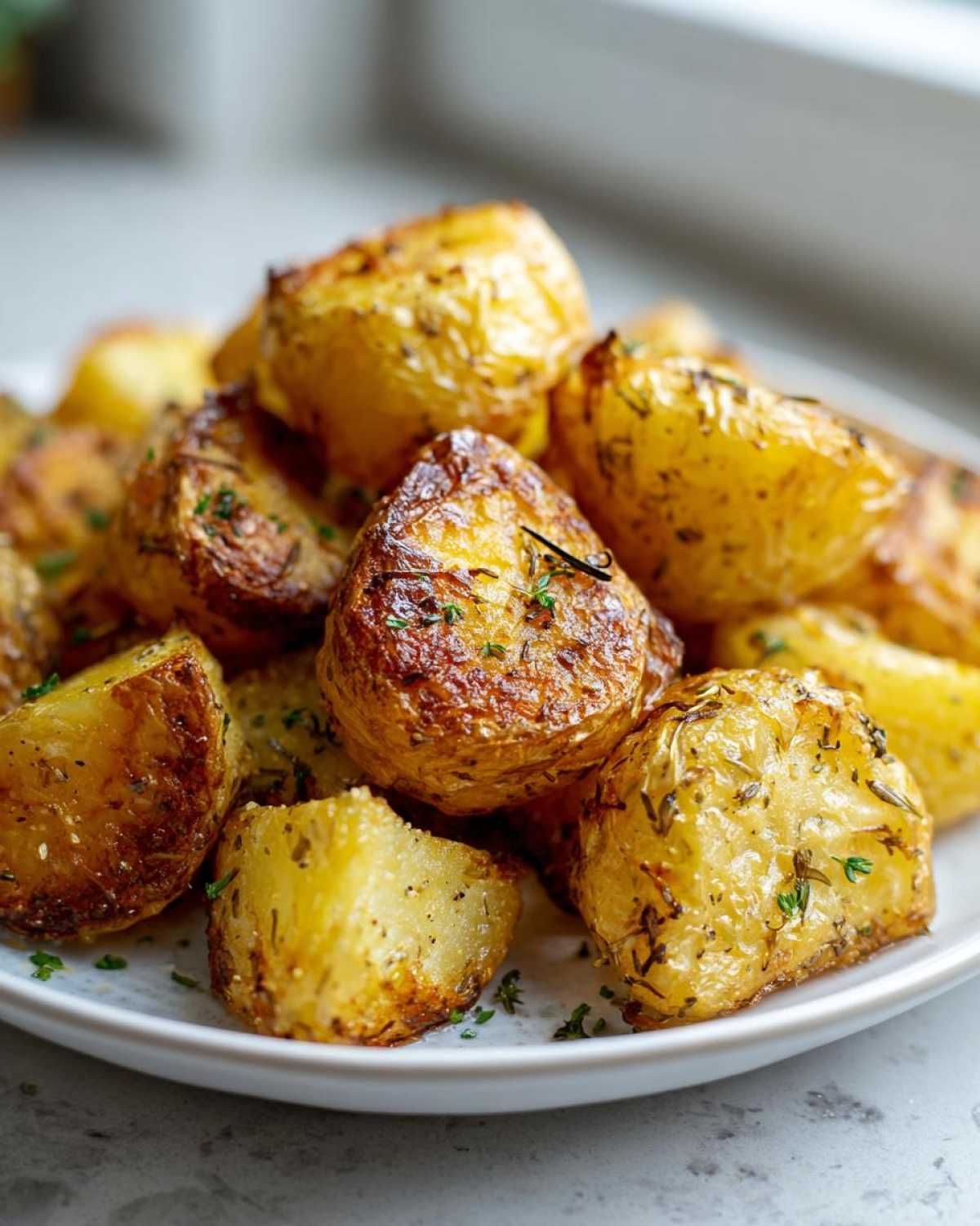 A close-up of perfectly golden and crispy oven roasted potatoes seasoned with herbs on a white plate.