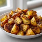 A white bowl overflowing with perfectly crispy, golden oven roasted potatoes seasoned with herbs.