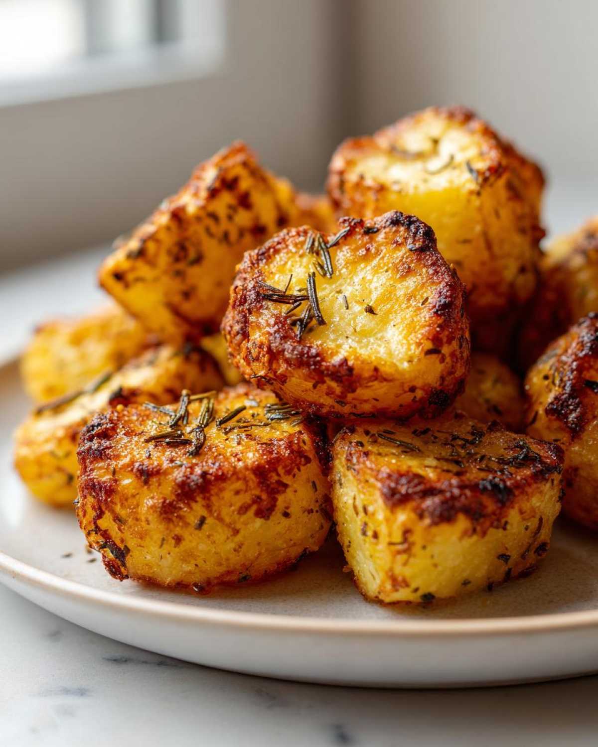 A close-up of perfectly golden and crispy oven roasted potatoes seasoned with rosemary.