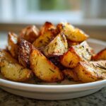 Close-up of golden brown, crispy oven roasted potatoes seasoned with rosemary and coarse salt.
