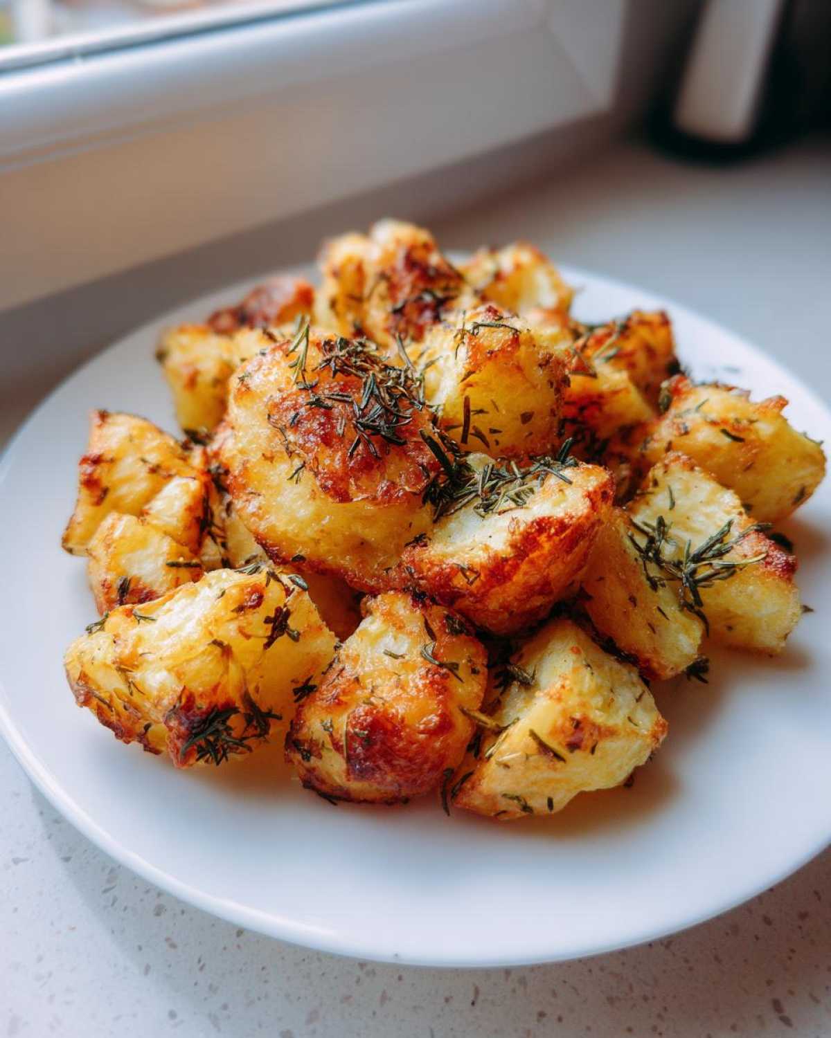A close-up of perfectly crispy oven roasted potatoes seasoned with rosemary, served on a white plate.