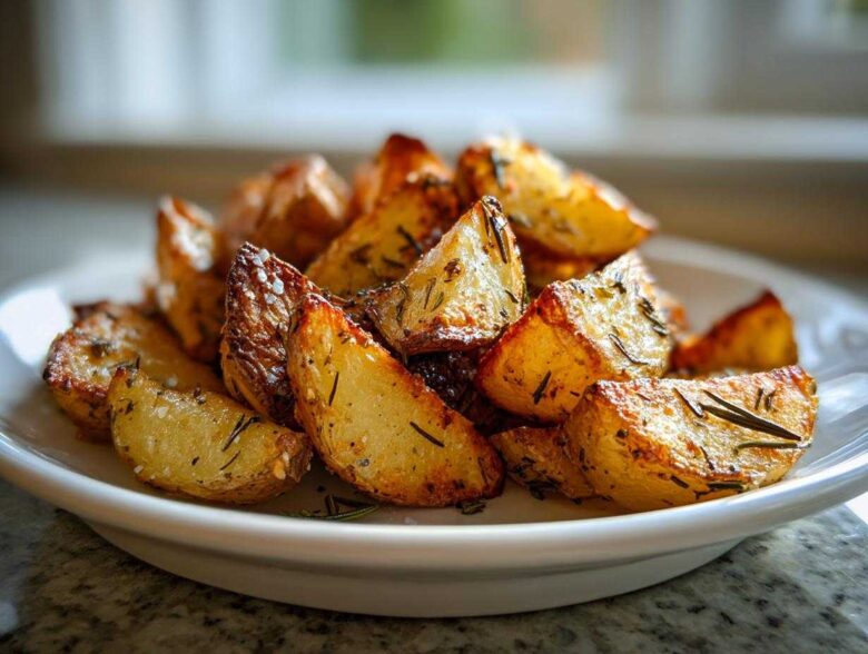 Close-up of golden brown, crispy oven roasted potatoes seasoned with rosemary and coarse salt.